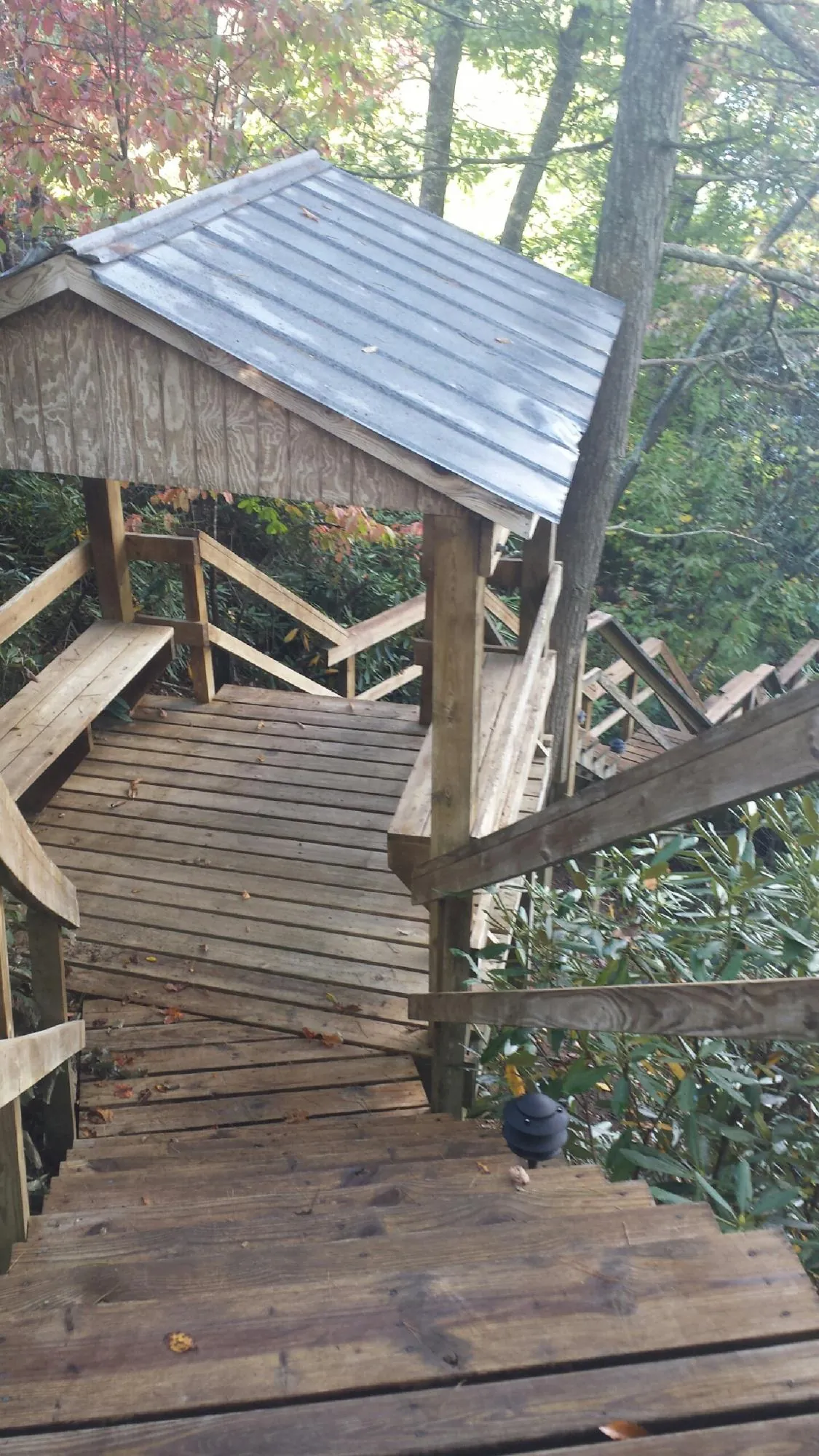 Metal roofed shelter over wooden steps on a wooded walkway — Skylight Repair & Installation work by our crew in Vining